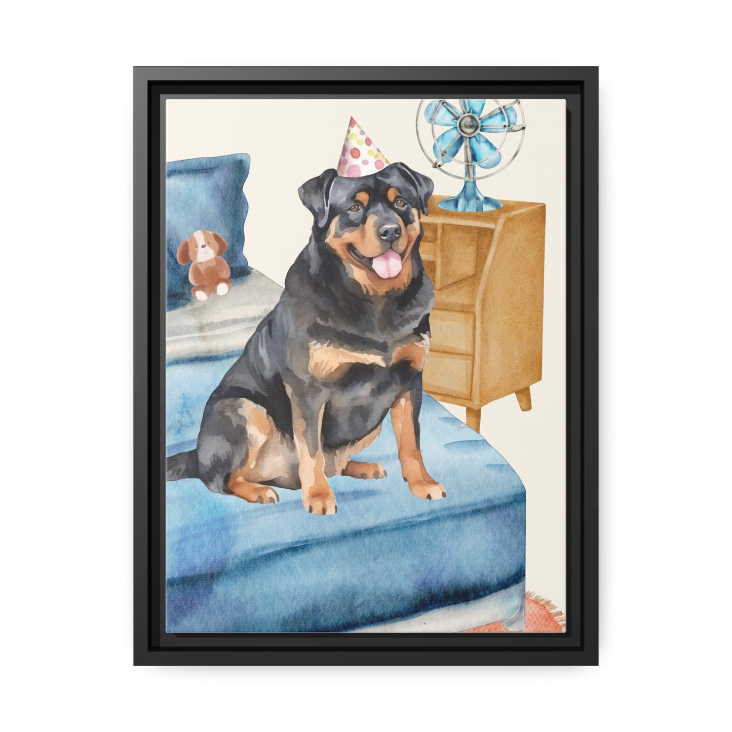 Rottweiler pup Matte Canvas, Black Frame